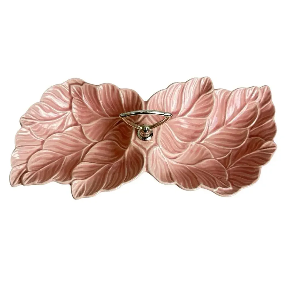 VTG MCM USA Candy Nut Dish Pink Pottery Leaves Handled Divided No 72